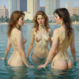 city of liberland with pretty women enjoying water, hyperdetailed, artstation, painting by gaston bussiere, craig mullins, j. c. leyendecker r