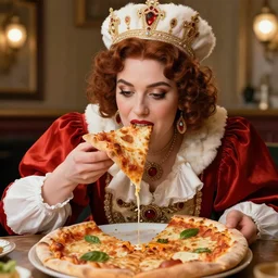 the queen eating a pizza, 4k, photorealistic, hyper detailed