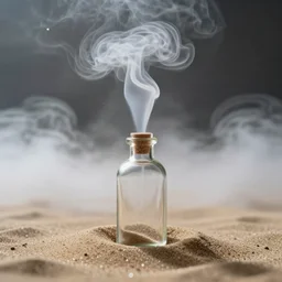 “Magic smoke swirling out of a bottle in the sand, swirly smoke, surrounded by clouds, air particles, glitter, cinematic, 50mm lens, bokeh”