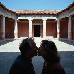 out of focus, head to shoulders kiss, photography by saul leiter and ernst haas in an empty decorated pompeii court, airforce blue, red, bright pale green
