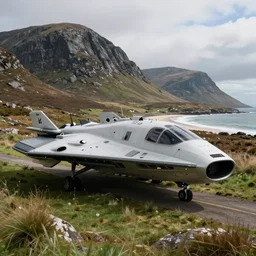 hyper detailed photograph of a beautiful, sleek spaceship on the Isle of Harris, Scotland, photorealistic, 8K, rocky, mountains, grass, beach