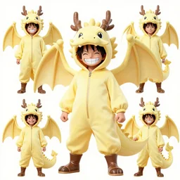 ornamented pale yellow by eiichiro oda. a collage of a young boy disguised as a dragon. the boy is shown wearing a costume with dragon - like features, including a long tail, wings, & horns. he has a large grin on his face, suggesting that he is enjoying his disguise.