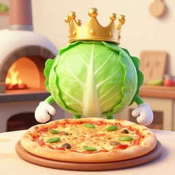 cabbage character, king, wearing golden crown, pizza, wood fired oven, cooking pizza, high heat, walrus waving in background, highly detailed 3 d render, artstation, surrealism, pixar