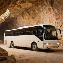 evolution line from minibus to big coach bus, ancient prehistoric rock art in a cave