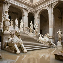 photo of flooded infinite classic halls and beautiful human statues with many huge marble staircases minotaur gods helenistic classic statues sculptures decrepit derelict abandoned piranessi