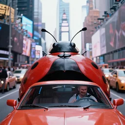 film still of a giant ladybug driving a car through time square in a sci - fi movie, 8 k