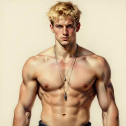 a lean muscular Adonis with choppy blond hair and several necklaces. Drawn by Bouguereau and Geoffroy Thoorens. Trending on Artstation.