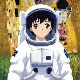 anime portrait of a young astronaut girl, kyoto animation, last exile, blue submarine no. 6, katsura masakazu, tsutomu nihei, gustav klimt, loish, murata range, kawaii, manga, bright colors, beautiful, 3 5 mm lens, noir, vibrant, gradation, jean giraud, moebius, fantasy, rule of thirds fibonacci, intricate, matte print, smooth, ilya kuvshinov, ( ( space nebula background ) )
