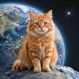 A fuzzy orange cat sitting on planet earth, digital art