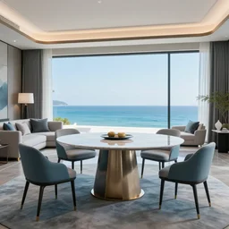 A modern living room in a ocean hues style, ocean view, luxurious table, calm, relaxed style, harmony, wide angle shot, 8k resolution, professional lighting