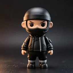 a beautiful art toy figurine by ashley wood and world of 3 a, ninja with a black bomber jacket, 3 a toys, dark background, dramatic studio light