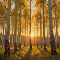 beautiful painting of an Aspen forest at sunset, digital art, award winning illustration, golden hour, trending on artstation