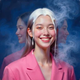 3 d, close - up, liquid white oil, happy fashion model, deep blue fog, smoke, poster art, high detail, intricate oil painting, multiple exposure, deep pink color palette, hyperrealism, 3 d, by tooth wu and wlop and beeple and greg rutkowski