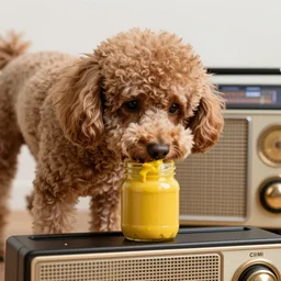 a closeup photorealistic photograph of a poodle dining on a jar of mustard atop an old talk radio. prius in the background. professional capture. brightly lit scene. this 4 k hd image is trending on artstation, featured on behance, well - rendered, extra crisp, features intricate detail, epic composition and the style of unreal engine.