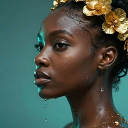 hyperrealistic precisionist cinematic profile very expressive! black oshun goddess, in water! up to shoulders, mirror dripping droplet!, gold flowers, highly detailed face, digital art masterpiece, smooth eric zener cam de leon, dramatic pearlescent turquoise light on one side, eye level hd 8 k, tilt shift