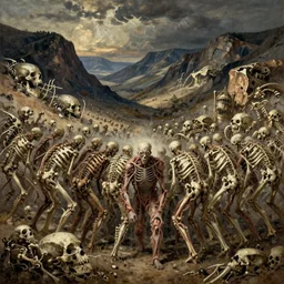 prophecy, gnostic atmosphere, amazing concept painting by Jessica Rossier and HR giger and Beksinski, the middle of a valley; it was full of bones,  bones that were very dry, there was a noise, a rattling sound, and the bones came together, bone to bone , I looked, and tendons and flesh appeared on them and skin covered them, but there was no breath in them and breath entered them, they came to life and stood up on their feet a vast army