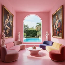 interior design of a pink modern lounge with renaissance paintings and sculptures plus a window to the pool, creative windows and colorful couches, in the design of zaza hadid, sharp, hyper - detailed, 8 k resolution, good lighting