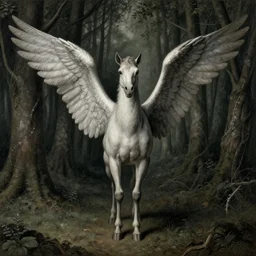 h with hooves and wings stands in a gloomy forest and looks at me, centered, detailed, trending wikiart, drawn by hieronymus bosch