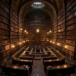 a labyrinthine library deep underground lit by lanterns, piranesi