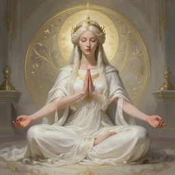 a full body portrait of a beautiful ethereal delicate mage queen meditative sacral pose of vestal power, bedroom, intricate, elegant, highly detailed, digital painting, artstation, concept art, smooth, sharp focus, illustration, art by krenz cushart and artem demura and alphonse mucha