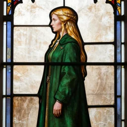 beautiful side - view portrait of triss merigold, long green coat, tenth century stained glass window, beige and brown background, one panel, very masterful
