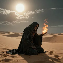 a lonely necromancer kneeling on the sand of a mercyless desert, flickering air, hot sun from above, clouds in the sky, the feeling of dread and existential terror, style of magic artwork, octane render, unreal engine, 8k high definition