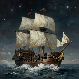 One pirate ship sailing on clouds, baroque painting. star lit sky, ultra realistic.