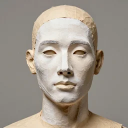 a papier mache man, flock wallpaper pasted over his face