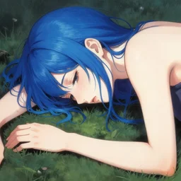 a woman with blue hair laying on the ground with her head down, a detailed painting by rei kamoi, featured on pixiv, space art, official art, anime, toonami