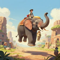 Riding a flying elephant at that front, you find the deparated souls arena, digital art by Ross Tran