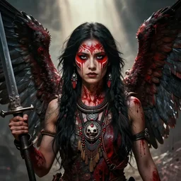 portrait of the death angel, beautiful female face, angelic, dark, blood, by jeremy mann, by lucian freud, god rays, female indigenous warrior, warrior face painting red, wings, holding a weapon, intricate, highly detailed, trending on artstation, award winning, cinematic