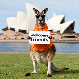 a portrait photo of a kangaroo wearing an orange hoodie and blue sunglasses standing on the grass in front of the sydney opera house ( ( ( holding a sign on the chest that says welcome friends ) ) ), subject : kangaroo, subject detail : wearing orange hoodie, wearing blue sunglasses, subject location : sydney opera house, subject action : ( ( ( holding sign ) ) )