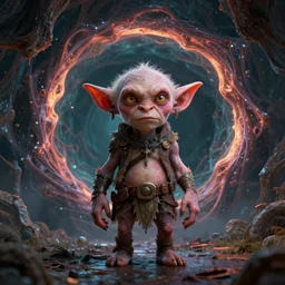 a photorealistic render of a rogue goblin in front of a fractal portal in the style of Remi Luizy, ultra detailed, C4D, octane render, 8K, raytracing