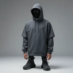 high quality studio photo shoot of a male model modelling yeezy inspired futuristic hoddle mockup, final product shot, studio lighting, all round angle. trending on futuristic fashion instagram.
