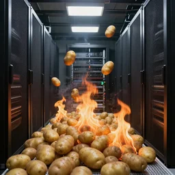 studio photo still of a server room filled with potatoes, some potatoes on fire, some flaming potatoes 8 k, studio lighting, overhead lighting