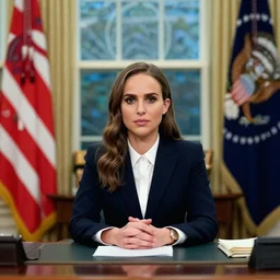 portrait photo of president natalie portman in the oval office, resolute desk, photo by pete souza, 8 5 mm f / 1. 4