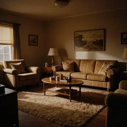 a dimly lit retro 1970s living room with shag carpet and vintage decor