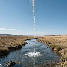 water dripping up from a river into the blue sunny sky, desolate land, hyper detailed photorealistic, fantastic
