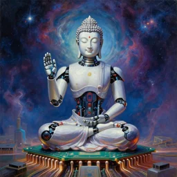 robot buddha meditating on a microprocessor while preaching enlightenment to humans, highly detailed, cosmic background, realistic oil painting by greg rutkowski,