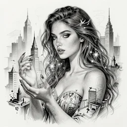 a sketch drawing, ultra detailed, fabulous, mystical, magic, wonder, beautiful woman, surreal city, in style of jean - michel basquiat, trending on artstation