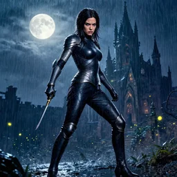 angry mila kunis, wearing rain soaked armour in heavy rain, incredibly fine detailed portrait, battle angel alita, dynamic angle, elegant, full body profile, 2 0 0 mm focal length, highly detailed, dramatic full moon lighting, many fireflies, gothic castle prodominently in the background, movie cover