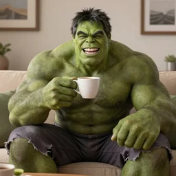A high definition photo of a happy and smiling incredible hulk drinking a cup of coffee on a couch in his living room, hyperdetailed, artstation, digital art, photorealism, accurate, 8k,