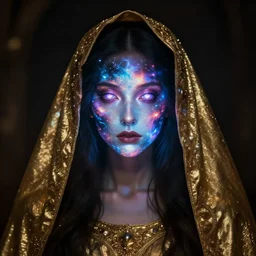 a dark being in a gold cloak with a glowing face of blinding cosmic color light