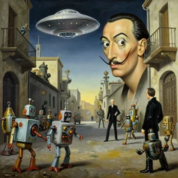 salvidor dali painting of 1 9 5 0 s scifi, tin toy robots, ufo, flying saucer, moon, meninblack, steampunk, alley, streets, walter sickert, earl norem, depth of field, hyperrealistic, octane render detailed and intricate environment