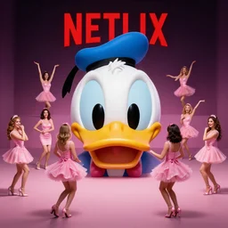 wide shot, a large donald duck head surrounded by 9 dancing ladies in pink cocktail dresses, netflix logo, beeple