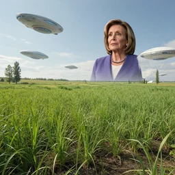 futuristic russian farm with nancy pelosi in background in the future with spaceships in the sky, by greg rutkowski