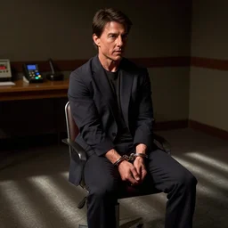 tom cruise handcuffed to a chair, interrogated in a dimly lit room, lie detector test, dynamic lighting,
