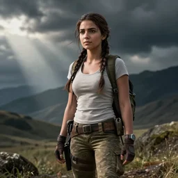 Malala Yousafzai as Lara Croft, film still from 'Tomb Raider'