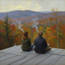 a couple smoking cigarettes on a cabin roof, looking over the autumn west virginia wilderness, oil on canvas painting by william sydney mount