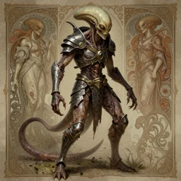clear portrait of a anorexic alien monster, hideous appearance, ripped armor, malnourished, cottagecore!!, background hyper detailed, character concept, full body, dynamic pose, intricate, elegant, highly detailed, digital painting, artstation, concept art, smooth, sharp focus, illustration, art by artgerm and greg rutkowski and alphonse mucha